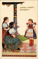 1942 Hungarian folklore art postcard with Name Day greetings s: Szilágyi G. Ilona, 1942 Szívélyes üdvözlet névnapjára, s: Szilágyi G. Ilona