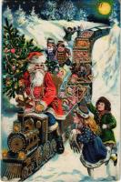 Karácsonyi üdvözlet / Christmas greeting art postcard with Saint Nicholas and train (EB)