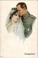 Első világháborús német katona a feleségével, katonai művészlap., Kriegsgetraut / WWI German military art postcard, soldier with wife