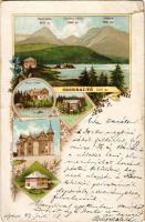 1897 (Vorläufer) Tátra, Magas-Tátra, Vysoké Tatry; Csorba-tó, Szoliszkó, Csorbai-csúcs, Bástya, Hotel Klimo, villa. M. Kuschel / Strbské Pleso, Solisko, Basta, hotel, villa. Art Nouveau, floral, litho (szakadások / tears)