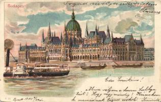Budapest V. Parlament a Dunával, sétahajóval litho s: Geiger R. (EK)