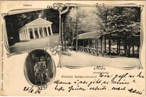 1904 Szliács, Sliac; fürdő, Töltő csarnok, kápolna, József forrás. Kiadja Lechnitzky O. fénynyomdája 218. sz. / chapel, spring sourche, bath. Art Nouveau (EK)