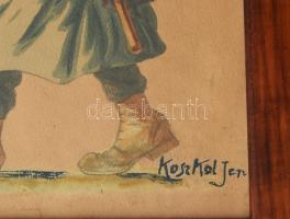 Koszkol Jenő (1868-1935): Első világháborús katona. Akvarell, papír, jelzett, üvegezett fakeretben, ...