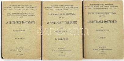 Kabdebo Gyula: Az építészet története I-III. köt. I. köt.: Ó-kor. Építő Munkavezetők Könyvtára VII-VIII.; II. köt.: Közép-kor. Építő Munkavezetők Könyvtára IX-X.; III. Új-kor. Építő Munkavezetők Könyvtára XI-XII. Bp., 1907, Ifj. Nagel Ottó, 136 p.; 162 p.; 161+1 p. Gazdag szövegközi képanyaggal illusztrálva. Kiadói félvászon-kötés, a gerinceken kis hiányokkal, de alapvetően jó állapotban.