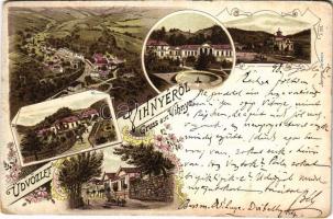 1898 (Vorläufer) Vihnye, Vihnyefürdő, Kúpele Vyhne; látkép, fürdőház, nyaraló. Joerges kiadása / general view, spa, bathhouse, villa. Art Nouveau, floral, litho (Rb)