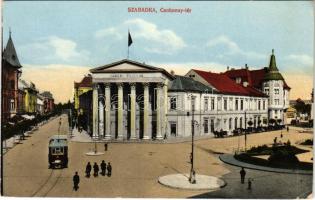 Szabadka, Subotica; Csokonai tér, villamos, városi színház. Vig Zsigmond Sándor kiadása / square, tram, theatre (EK)