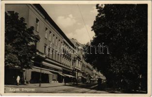 Zagreb, Zágráb; Zrinjevac / street view, tram, shops (EK)