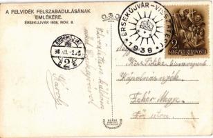 1938 Érsekújvár, Nové Zámky; bevonulás, "Mindent Vissza! Érsekújvári Frontharcosok" zászló...