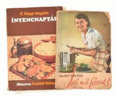 Szakácskönyvek, receptfüzetek: -  Hajdú Ernőné: Jaj, mit főzzek? Bp.,1941,Officina, 99+5 p. Papírkötés, kopott, sérül borítóval, + F. Nagy Angéla: Ínyencnaptár. Minerva családi könyvek. Bp., 1978. 69 +(2) p. Papírborítóval.