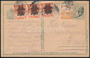 1920 Díjjegyes levelezőlap 4 bélyeges kiegészítéssel (Arató 2f + Búzakalász 10f hármascsík)