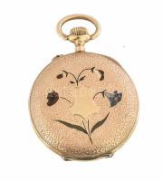 14K arany (Au) női zsebóra szép számlappal, működő szerkezettel d: 30 mm, br 20,7 g. díszdobozzal