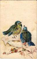 1906 Tit birds - hand painted (12,5 x 8 cm) (non PC) (cut), 1906 Cinegék. Kézzel festett (12,5 x 8 cm) (non PC) (vágott)