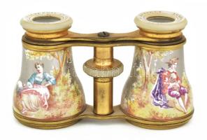 Színházi látcső. Festett rokokó jelenettel. Calderoni és társa. Jelzett, hozzá bőr tokkal XIX. sz .v...