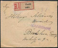 1921 Ajánlott levél 5K bérmentesítéssel Faddról Pozsonyba, cenzúrázva