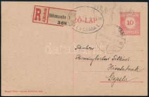 1920 Ajánlott díjjegyes levelezőlap Békéscsabáról Gyulára, készpénzes bérmentesítésel