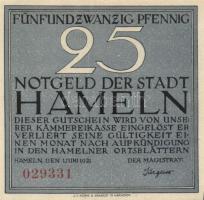 Német Birodalom / Weimari Köztársaság / Hameln 1921. 25Pf + 50Pf + 75Pf + 1M 4 klf db, teljes sor T:...