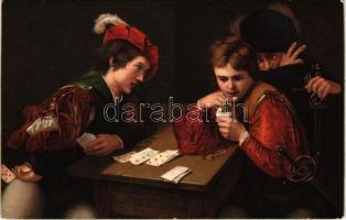 Der Falschspieler / Cheater, card game. Stengel 29723. litho s: Michelangelo Caravaggio, A hamiskártyás - kártya játék, Stengel 29723. litho s: Michelangelo Caravaggio