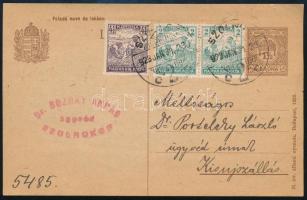 1923 Díjjegyes levelezőlap 3 bélyeges díjkiegészítéssel SZOLNOK