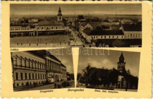 Beregszász, Beregovo, Berehove; látkép, Megyeháza, római katolikus templom / general view, country hall, church