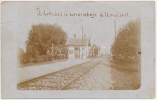 1913 Cserencsény, Cerencany (Rimaszombat, Rimavska Sobota); 9-es számú vasútállomás őrház bakterrel. Ritka felvétel! / railway station guard house. Zólyomi photo, very rare! (EK)