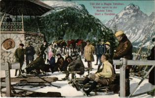 1910 Tátra, Magas-Tátra, Vysoké Tatry; téli élet Szilágyi Dezső emlékműnél, téli sport, kormányozható szánkók / winter sport at the monument, controllable sleds