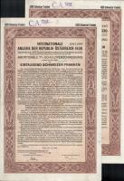 Ausztria 1930. Az Osztrák Köztársaság Nemzetközi Kölcsöne 7%-os kötvénye 1000Fr-ról, bélyegzésekkel, szelvényekkel, lyukasztással érvénytelenítve (2x) sorszámkövetők T:VF Austria 1930. International Bond of the Republic of Austria (Internationale Anleihe der Republik Österreich) 1930 7% bond about 1000 Schillings, with overprints and coupons, cancelled by hole (2x) sequential serials T:VF