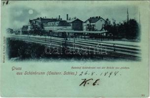 1898 (Vorläufer) Svinov, Schönbrunn (Ostrava); Bahnhof Schönbrunn von der Brücke aus gesehen / railway station, train (Rb)