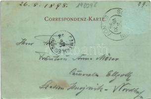 1898 (Vorläufer) Svinov, Schönbrunn (Ostrava); Bahnhof Schönbrunn von der Brücke aus gesehen / railw...