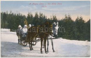 Tátra, Magas-Tátra, Vysoké Tatry; téli élet, lovasszán síelőkkel / Wintersport / horse sleigh with skiers, sled, winter sport