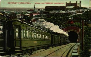 1908 Pozsony, Pressburg, Bratislava; vasúti alagút, vonat, gőzmozdony, vár. Verlag &quot;Bediene dich allein&quot; / railway tunnel, train, locomotive, castle (EM)