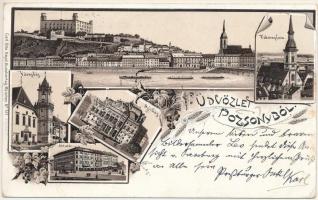 1895 (Vorläufer!) Pozsony, Pressburg, Bratislava; Főtemplom, Városház, Sétatér, Színház / church, town hall, promenade, theatre. Carl Otto Hayd&#039;s Art Nouveau, floral, litho (EK)