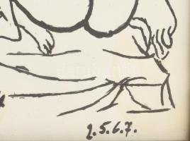 Jelzés nélkül: Jelenet. Tus, papír, javított. Farostra ragasztva. Dekoratív, üvegezett fakeretben. 2...