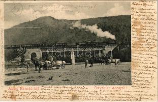 1901 Abos, Obisovce; Hernád vasúti híd, gőzmozdony, faszállító lovaskocsik, vonat / railway bridge over Hornád river, locomotive, horce carts transporting logs, train (fl)