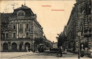 1911 Opava, Troppau; Olmützerstrasse, Cafe Hedwigshof / street, tram, shop, cafe (EK)