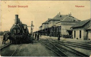 1910 Versec, Werschetz, Vrsac; pályaudvar, vasútállomás, vonat, gőzmozdony. W.L. 104. / railway station, train, locomotive (Rb)