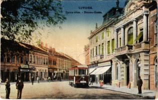 Újvidék, Novi Sad; Duna utca, villamos, Raab Károly üzlete / Donau Gasse / street, tram, shops (szakadás / tear)