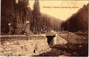 1907 Tiszolc, Tisovec; Fogaskerekű vasúti híd, &quot;Fogasrúd kezdet&quot; tábla. Kreisler József kiadása / cogwheel railway bridge