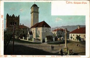 Poprád (Magas-Tátra, Vysoké Tatry); katolikus templom és a régi harangtorony. Feitzinger Ede kiadása 1902-12 Autochrom 372. / Catholic church, old bell tower (EK)