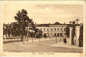 1924 Nagyszeben, Hermannstadt, Sibiu; Gara / Bahnhof / Pályaudvar, vasútállomás, villamos a megállóban. Jos. Drotleff Nr. 21. / railway station, tram stop (EK)