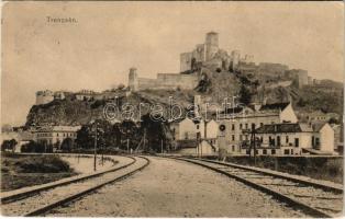 1915 Trencsén, Trencín; vár, vasúti sínek, Nemar József és Ripka Arisztid üzlete. Gansel Lipót kiadása / castle, shops, railway tracks (EK)