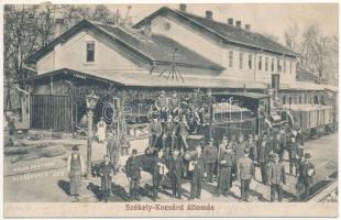 Székelykocsárd, Kocsárd, Lunca Muresului; Vasútállomás, vasutasok csoportképe, tehervonat, gőzmozdony, vagonok. Adler fényirda 565. / Bahnhof / railway station, railwaymen, freight train, locomotive, wagons