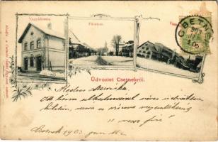 1903 Csetnek, Stítnik; vasútállomás, Fő utca télen, Vaskohó. Fogyasztási szövetkezet kiadása / railway station, main street in winter, ironworks, iron factory, furnace. Art Nouveau, floral (fl)