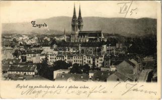 1903 Zagreb, Zágráb; Pogled na nadbiskupski dvor i stolnu crkvu / church + &quot;ZÁGRÁB M.Á.P.U.&quot; vasúti bélyegzés