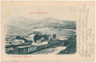 1902 Orló, Orlov; vasútállomás, vonat, gőzmozdony. Edelmann Henrik kiadása / railway station, locomotive, train (ragasztónyom / glue marks)