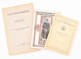 3 db Szent Imrével kapcsolatos kiadvány: Nagy Gyula: Szent Imre hereg. Bp., 1930, Szent István-Társulat. Kiadói papírkötés, kissé sérült borítóval, tulajdonosi bélyegzővel (Dr. Bartha Kálmán ügyvéd). + Pécsi egyetemi Szent Imre-emlék. Szent Imre halálának kilencszázados jubileuma alkalmából kiadta az egyetemi templom igazgatósága. (Pécs, 1930, Dunántúl-ny.) Kiadói papírkötés, minimálisan sérült. + Vargha Damján: Szent Imre problémák. Bp., 1931, Szent István Akadémia. Kiadói tűzött papírkötés, a hátsó borítón kis sarokhiánnyal, egyébként jó állapotban.