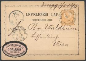 1873 2kr díjjegyes levelezőlap ESZEK-OBERSTADT / OSIEK BORGRAD - WIEN dekoratív reklám pecsétbélyeggel