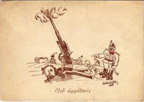 1943 Első ágyúlövés. Katonai humor képeslap / WWII Hungarian military humour art postcard s: Molnár Gábor (EK)