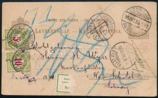 1896 2kr díjjegyes levelezőlap 5 + 10 cent svájci portóval ESZÉKVÁR - NEUCHÁTEL