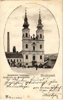 1902 Budapest I. Bomba tér (ma Batthyány tér), templom, piac, Hauer Antal kioszkja, gyárkémény (EK)