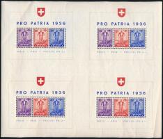 Svájc 1936 Pro Patria Mi Bl 4, 4 db blokkot tartalmazó un. nagyblokk (ráncok / creases, törés / folded) (Mi EUR 370,-)